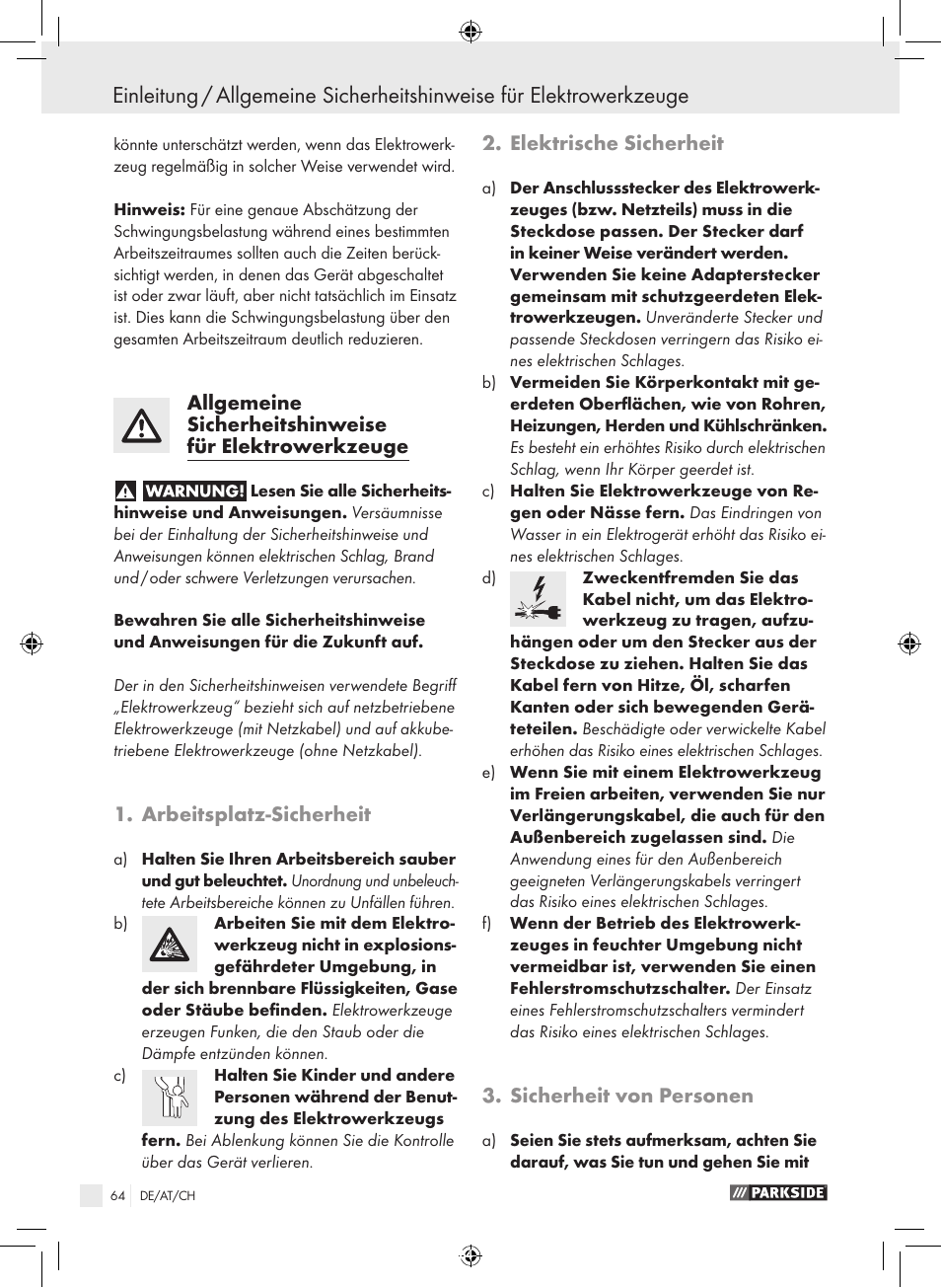 Arbeitsplatz-sicherheit, Elektrische sicherheit, Sicherheit von personen | Parkside PFBS 9.6 A1 User Manual | Page 64 / 75