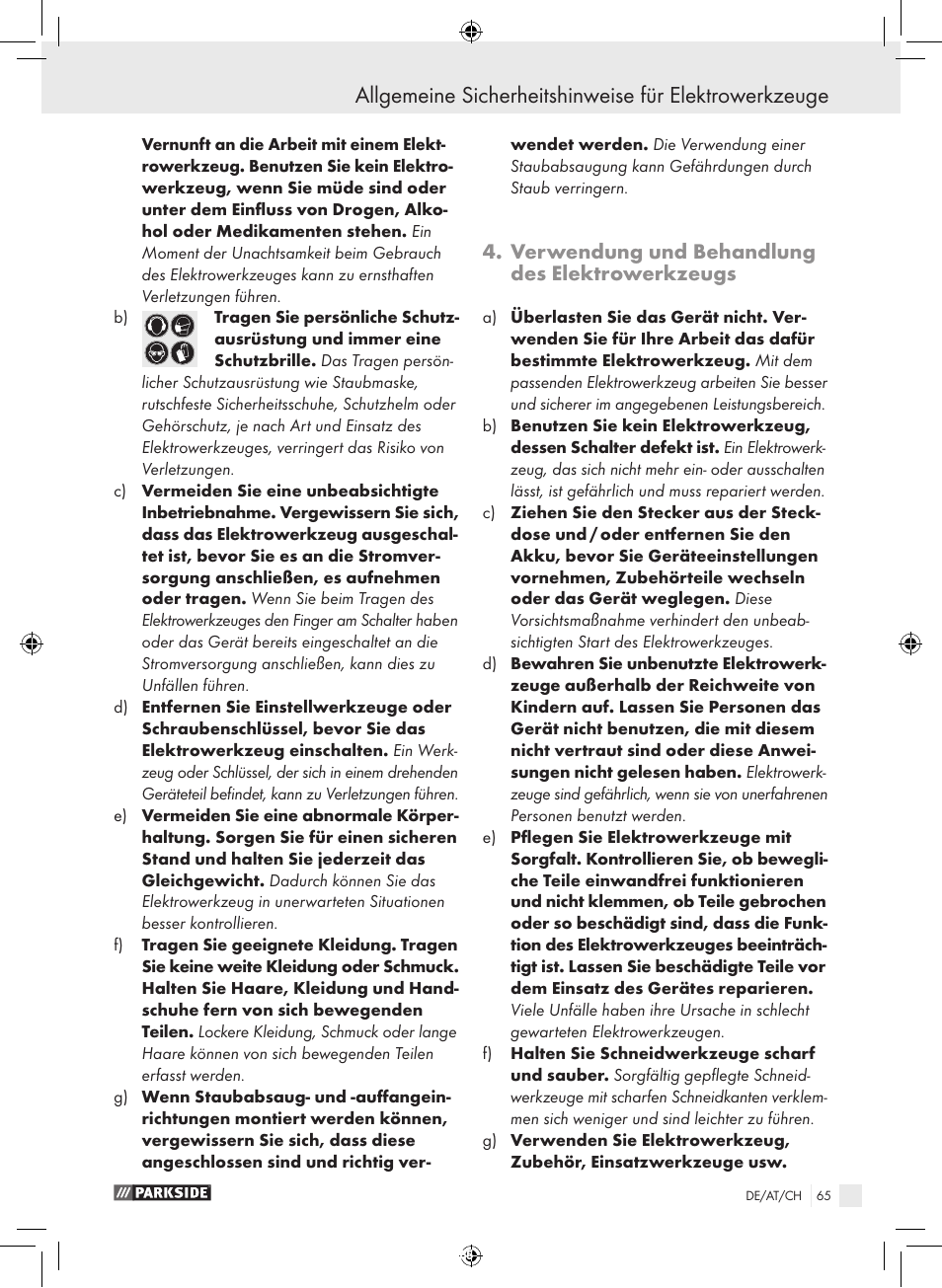 Verwendung und behandlung des elektrowerkzeugs | Parkside PFBS 9.6 A1 User Manual | Page 65 / 75