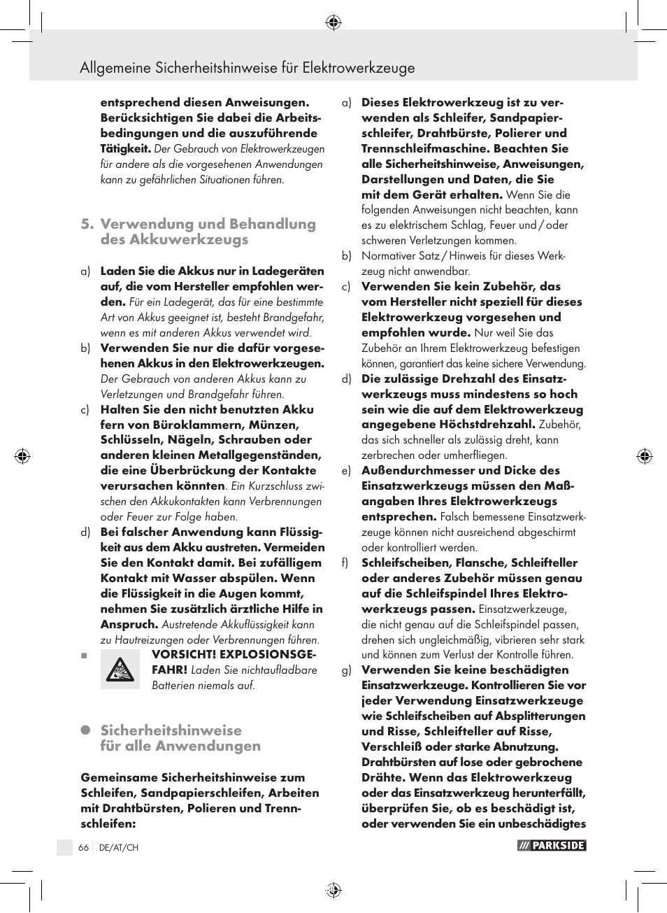 Verwendung und behandlung des akkuwerkzeugs, Sicherheitshinweise für alle anwendungen | Parkside PFBS 9.6 A1 User Manual | Page 66 / 75