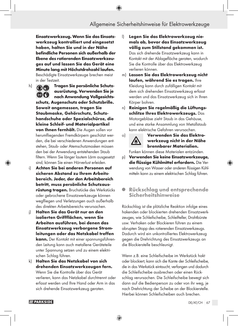 Rückschlag und entsprechende sicherheitshinweise | Parkside PFBS 9.6 A1 User Manual | Page 67 / 75