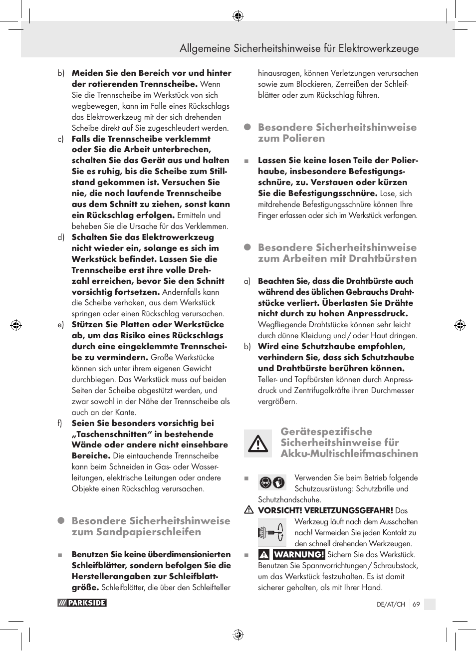 Besondere sicherheitshinweise zum polieren | Parkside PFBS 9.6 A1 User Manual | Page 69 / 75