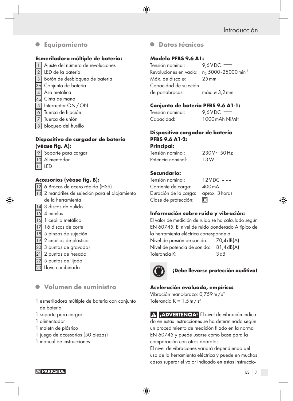 Introducción, Equipamiento, Volumen de suministro | Datos técnicos | Parkside PFBS 9.6 A1 User Manual | Page 7 / 75