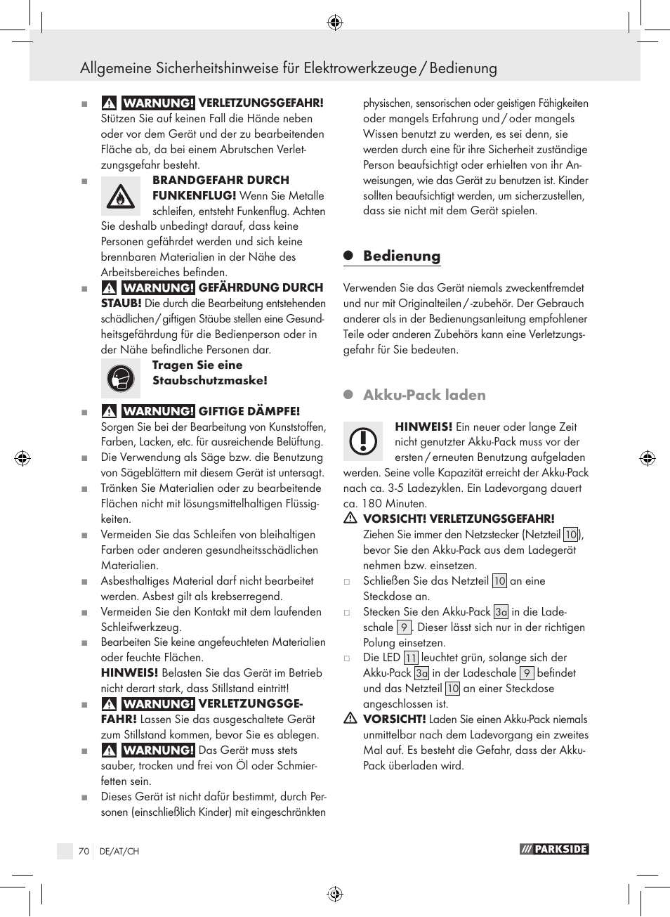 Bedienung, Akku-pack laden | Parkside PFBS 9.6 A1 User Manual | Page 70 / 75