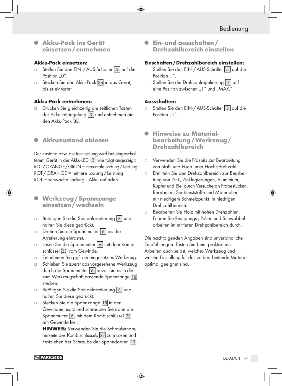Bedienung, Akku-pack ins gerät einsetzen / entnehmen, Akkuzustand ablesen | Werkzeug / spannzange einsetzen / wechseln, Ein- und ausschalten / drehzahlbereich einstellen | Parkside PFBS 9.6 A1 User Manual | Page 71 / 75