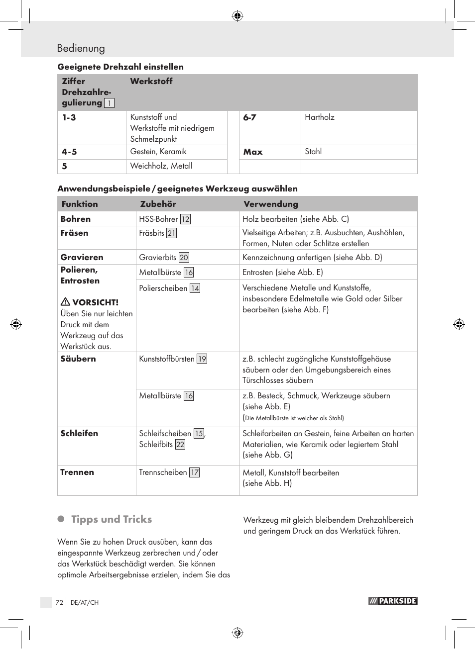 Bedienung, Tipps und tricks | Parkside PFBS 9.6 A1 User Manual | Page 72 / 75