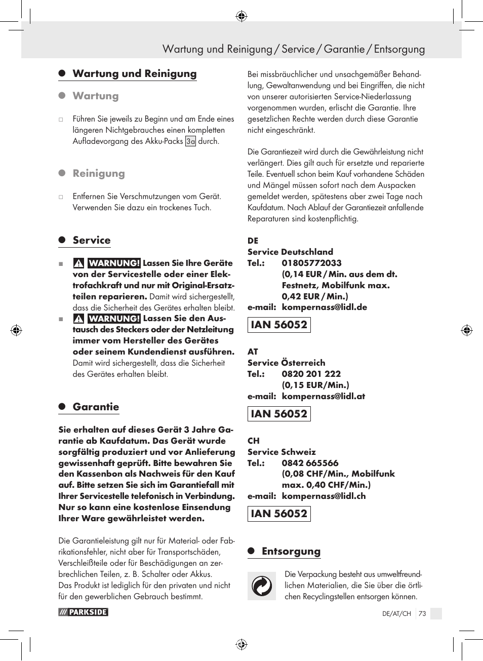 Wartung und reinigung, Wartung, Reinigung | Service, Garantie, Entsorgung | Parkside PFBS 9.6 A1 User Manual | Page 73 / 75