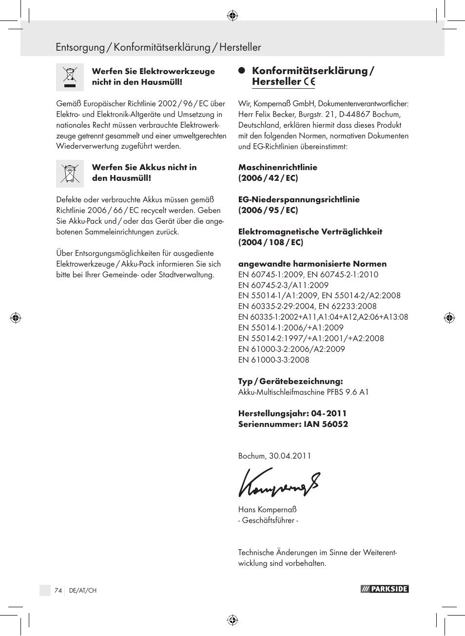 Entsorgung / konformitätserklärung / hersteller, Konformitätserklärung / hersteller | Parkside PFBS 9.6 A1 User Manual | Page 74 / 75