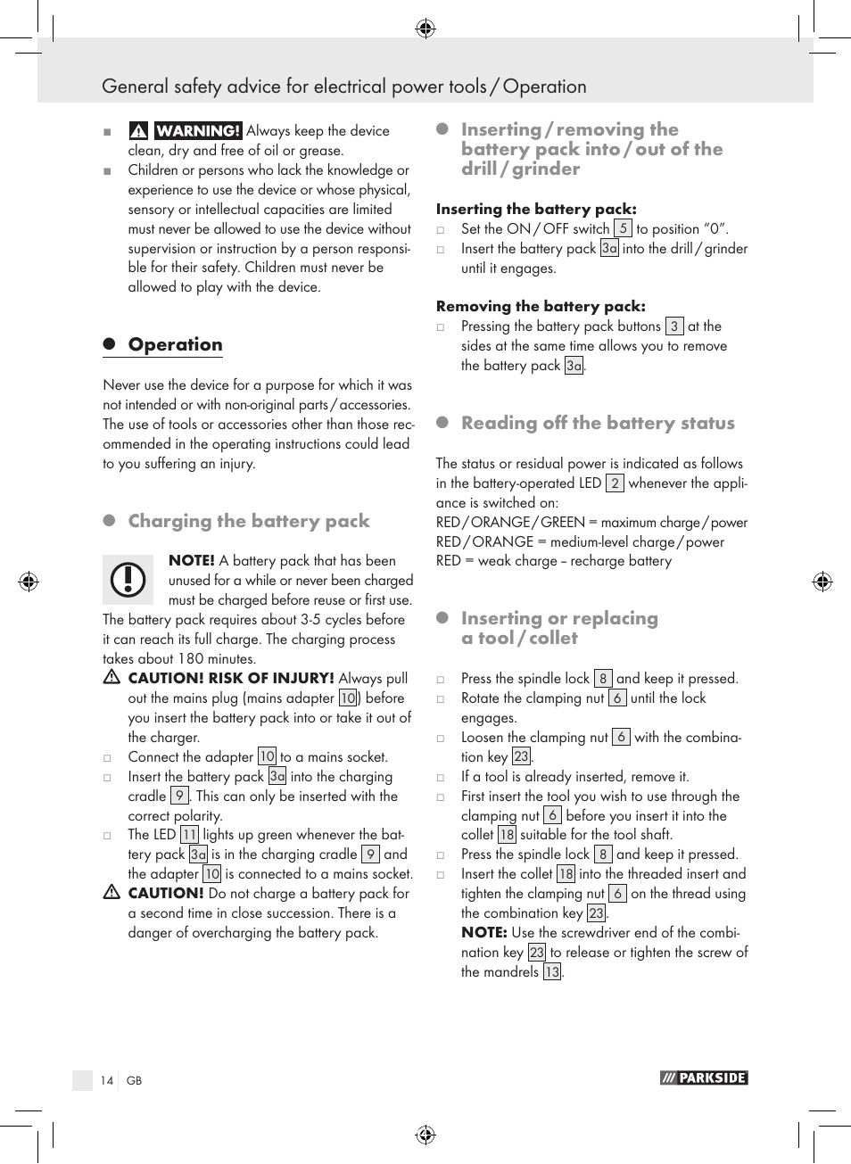 Operation, Charging the battery pack, Reading off the battery status | Inserting or replacing a tool / collet | Parkside PFBS 9.6 A1 User Manual | Page 14 / 103