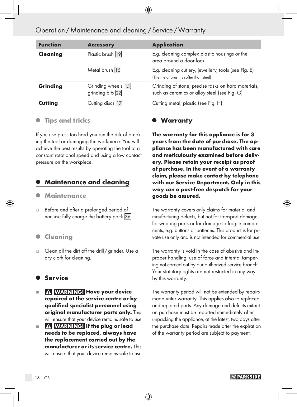 Tips and tricks, Maintenance and cleaning, Maintenance | Cleaning, Service, Warranty | Parkside PFBS 9.6 A1 User Manual | Page 16 / 103