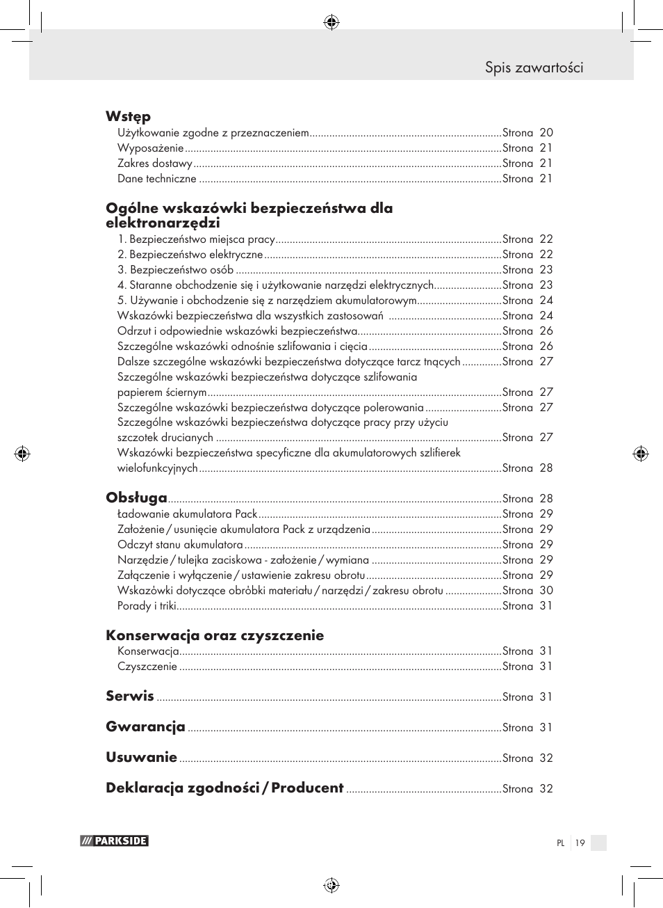 Spis zawartości, Wstęp, Obsługa | Konserwacja oraz czyszczenie, Serwis, Gwarancja, Usuwanie, Deklaracja zgodności / producent | Parkside PFBS 9.6 A1 User Manual | Page 19 / 103