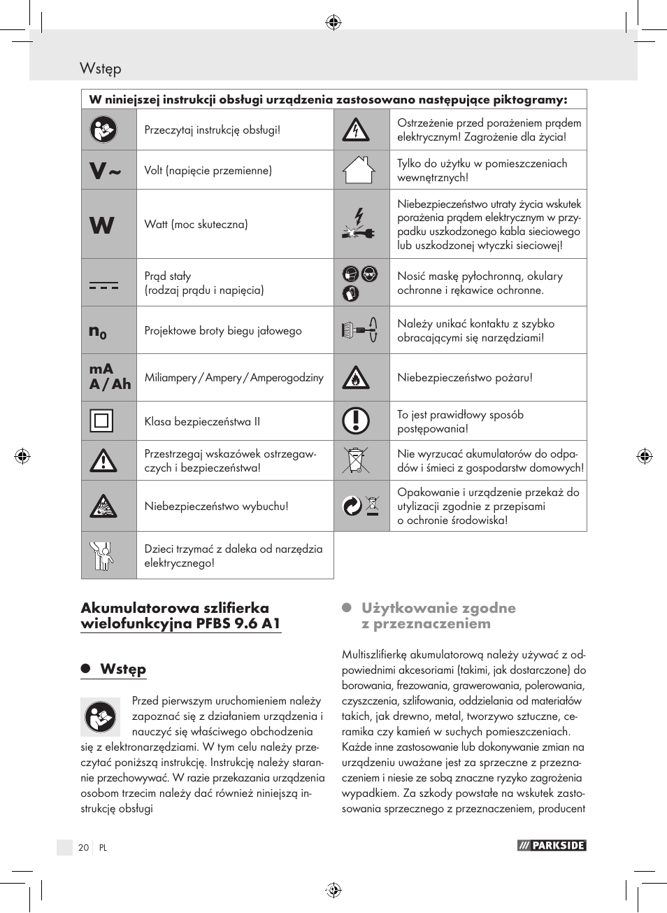 Wstęp | Parkside PFBS 9.6 A1 User Manual | Page 20 / 103