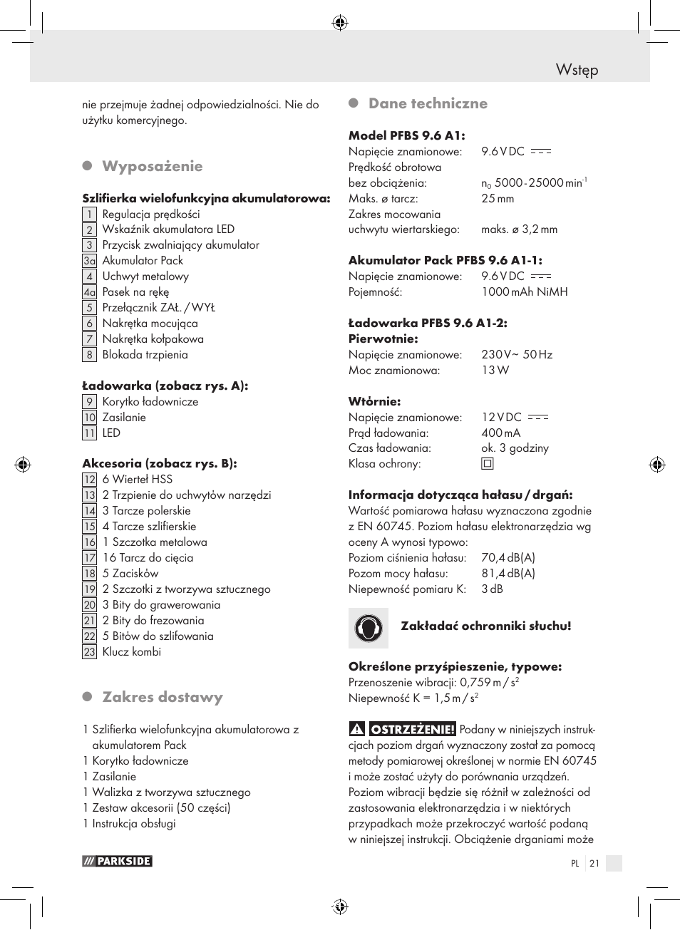 Wstęp, Wyposażenie, Zakres dostawy | Dane techniczne | Parkside PFBS 9.6 A1 User Manual | Page 21 / 103