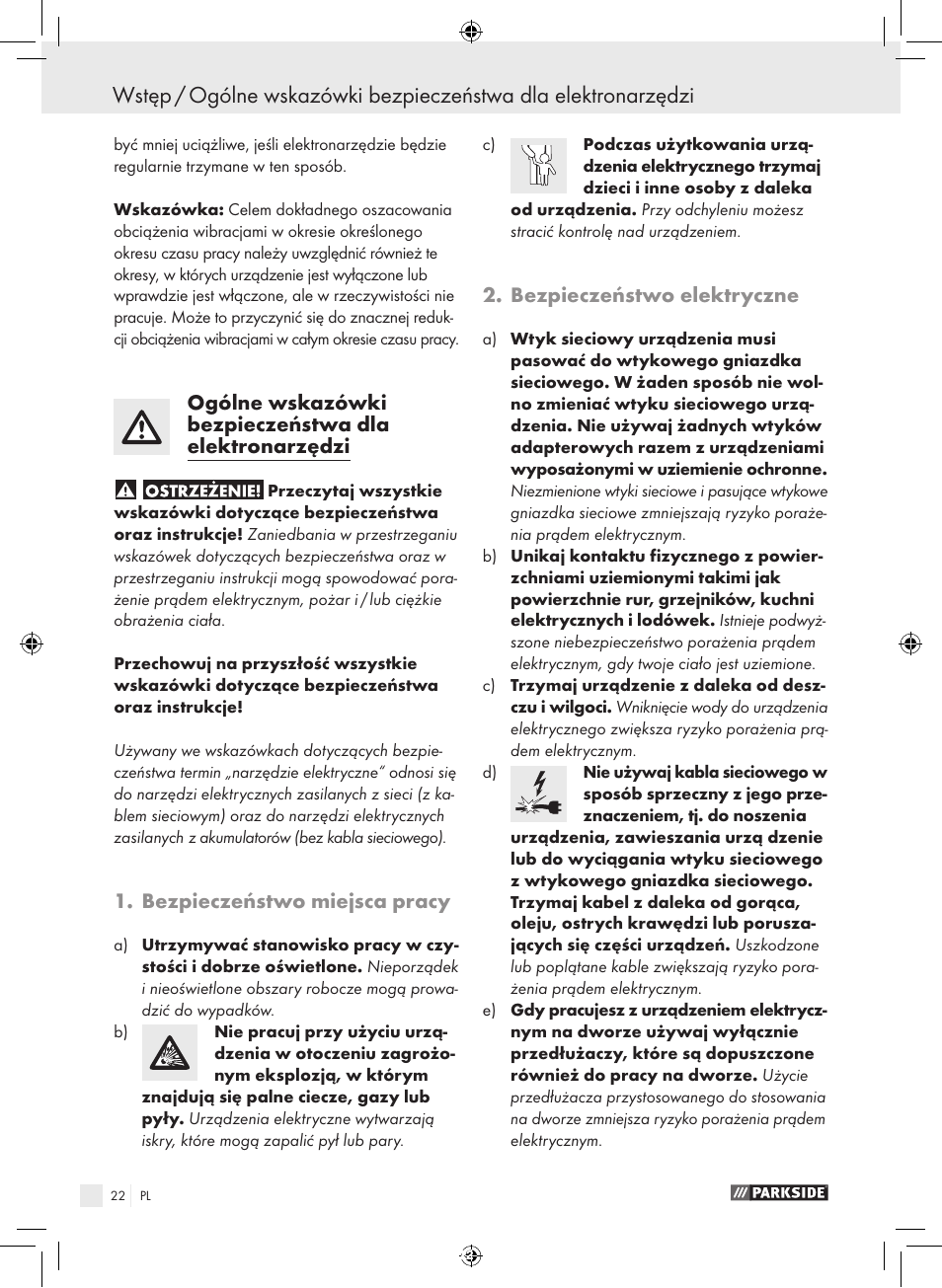 Bezpieczeństwo miejsca pracy, Bezpieczeństwo elektryczne | Parkside PFBS 9.6 A1 User Manual | Page 22 / 103