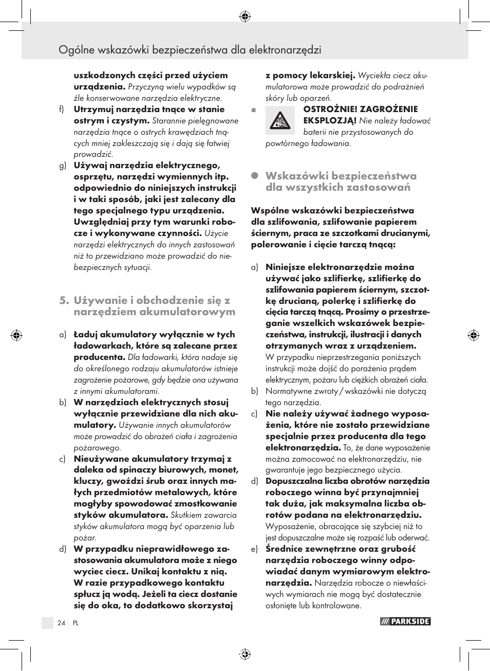 Wskazówki bezpieczeństwa dla wszystkich zastosowań | Parkside PFBS 9.6 A1 User Manual | Page 24 / 103