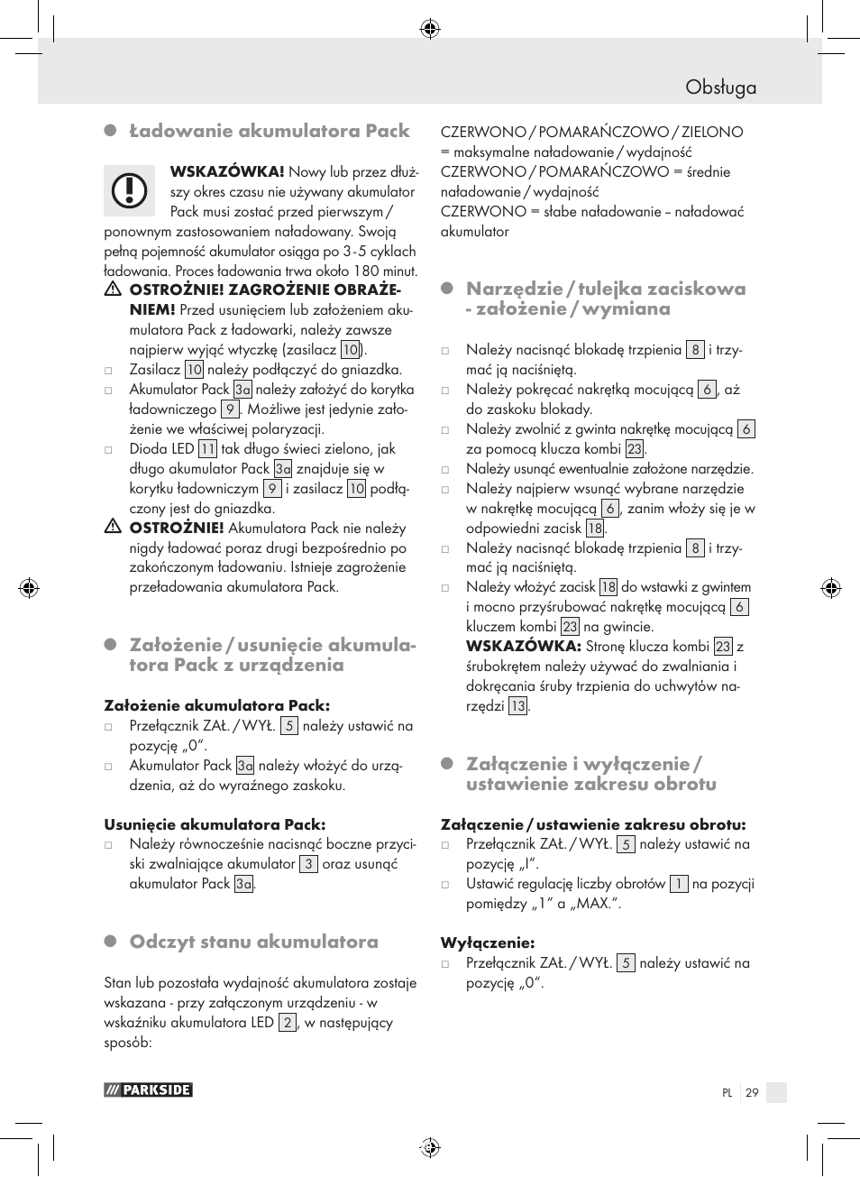 Obsługa, Ładowanie akumulatora pack, Odczyt stanu akumulatora | Parkside PFBS 9.6 A1 User Manual | Page 29 / 103