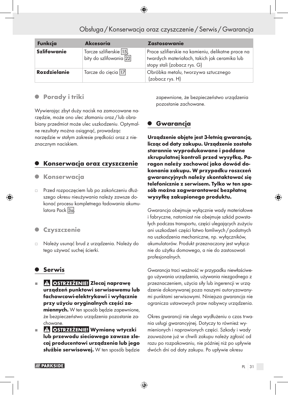 Porady i triki, Konserwacja oraz czyszczenie, Konserwacja | Czyszczenie, Serwis, Gwarancja | Parkside PFBS 9.6 A1 User Manual | Page 31 / 103