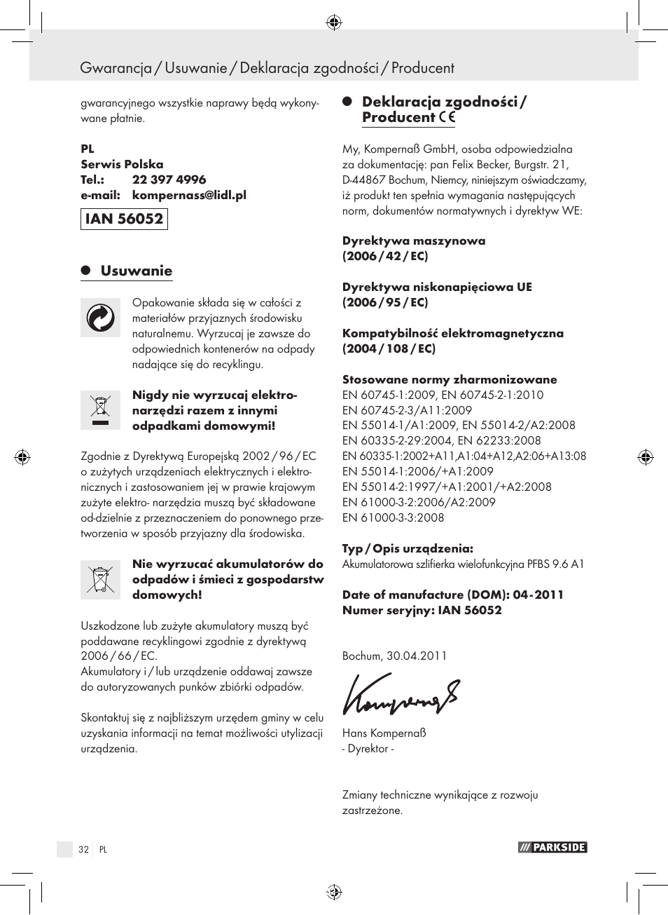 Usuwanie, Deklaracja zgodności / producent | Parkside PFBS 9.6 A1 User Manual | Page 32 / 103