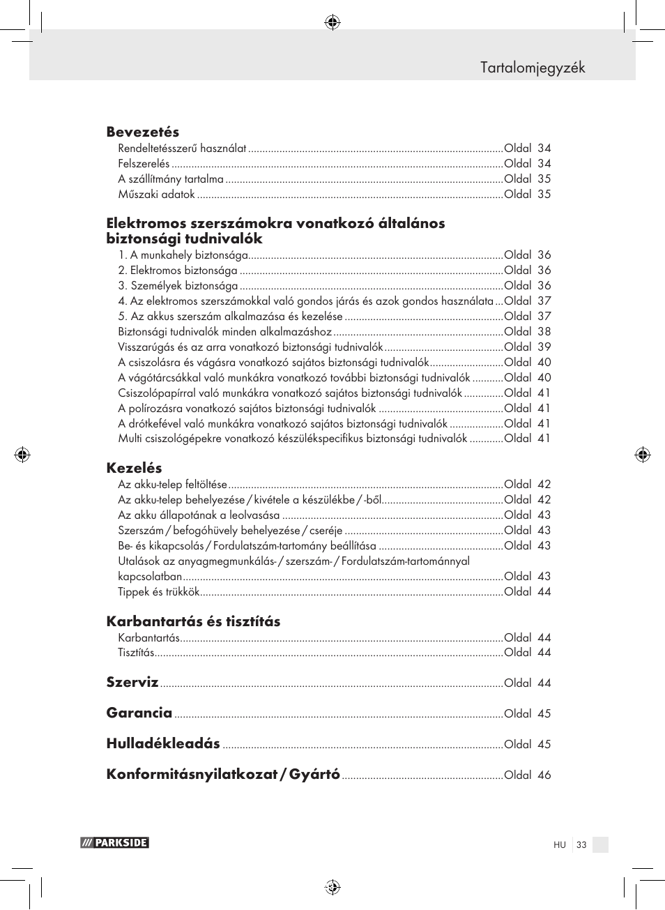 Tartalomjegyzék, Bevezetés, Kezelés | Karbantartás és tisztítás, Szerviz, Garancia, Hulladékleadás, Konformitásnyilatkozat / gyártó | Parkside PFBS 9.6 A1 User Manual | Page 33 / 103