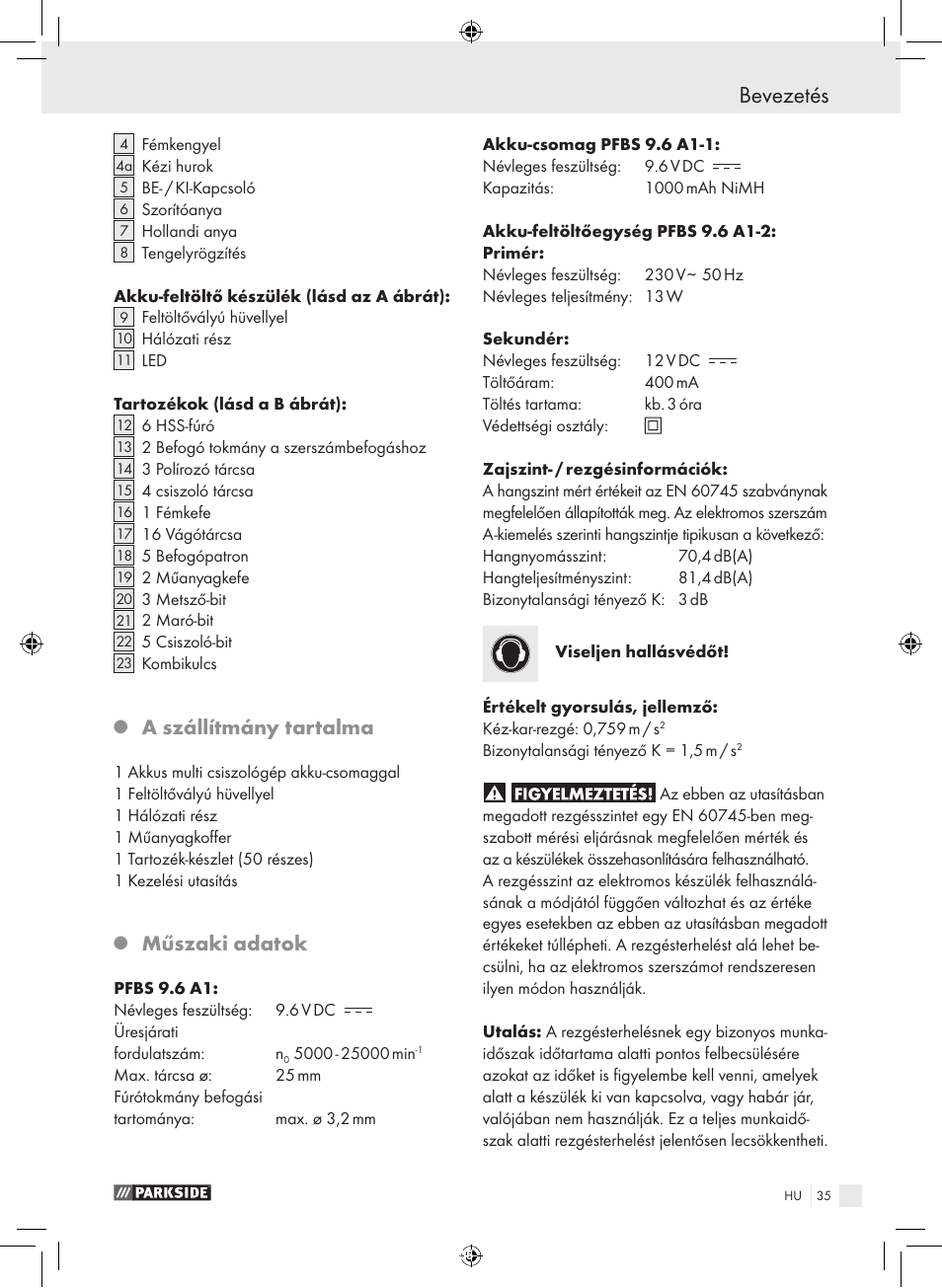 Bevezetés, A szállítmány tartalma, Műszaki adatok | Parkside PFBS 9.6 A1 User Manual | Page 35 / 103