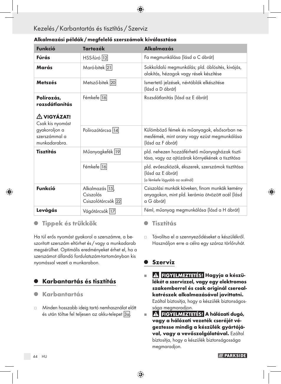 Kezelés / karbantartás és tisztítás / szerviz, Tippek és trükkök, Karbantartás és tisztítás | Karbantartás, Tisztítás, Szerviz | Parkside PFBS 9.6 A1 User Manual | Page 44 / 103