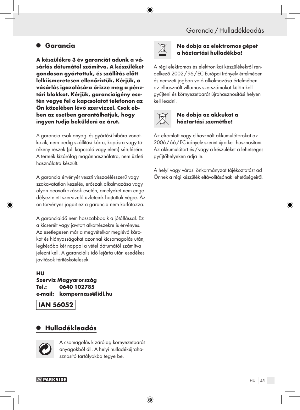 Garancia / hulladékleadás, Garancia, Hulladékleadás | Parkside PFBS 9.6 A1 User Manual | Page 45 / 103