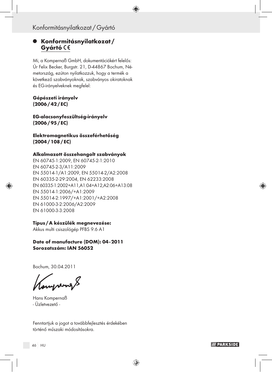 Konformitásnyilatkozat / gyártó | Parkside PFBS 9.6 A1 User Manual | Page 46 / 103