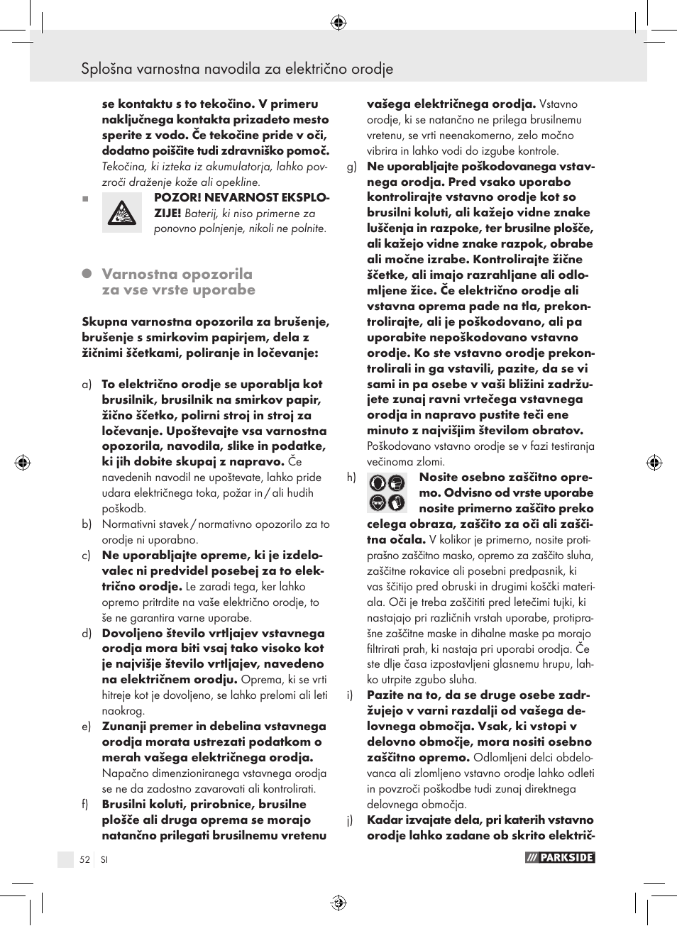 Splošna varnostna navodila za električno orodje, Varnostna opozorila za vse vrste uporabe | Parkside PFBS 9.6 A1 User Manual | Page 52 / 103