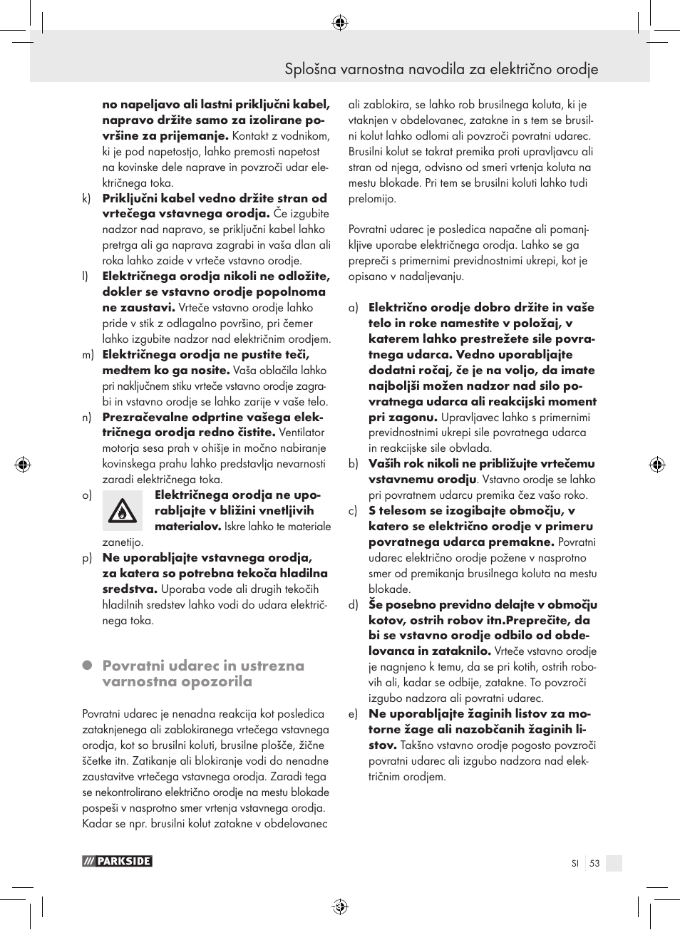 Splošna varnostna navodila za električno orodje, Povratni udarec in ustrezna varnostna opozorila | Parkside PFBS 9.6 A1 User Manual | Page 53 / 103