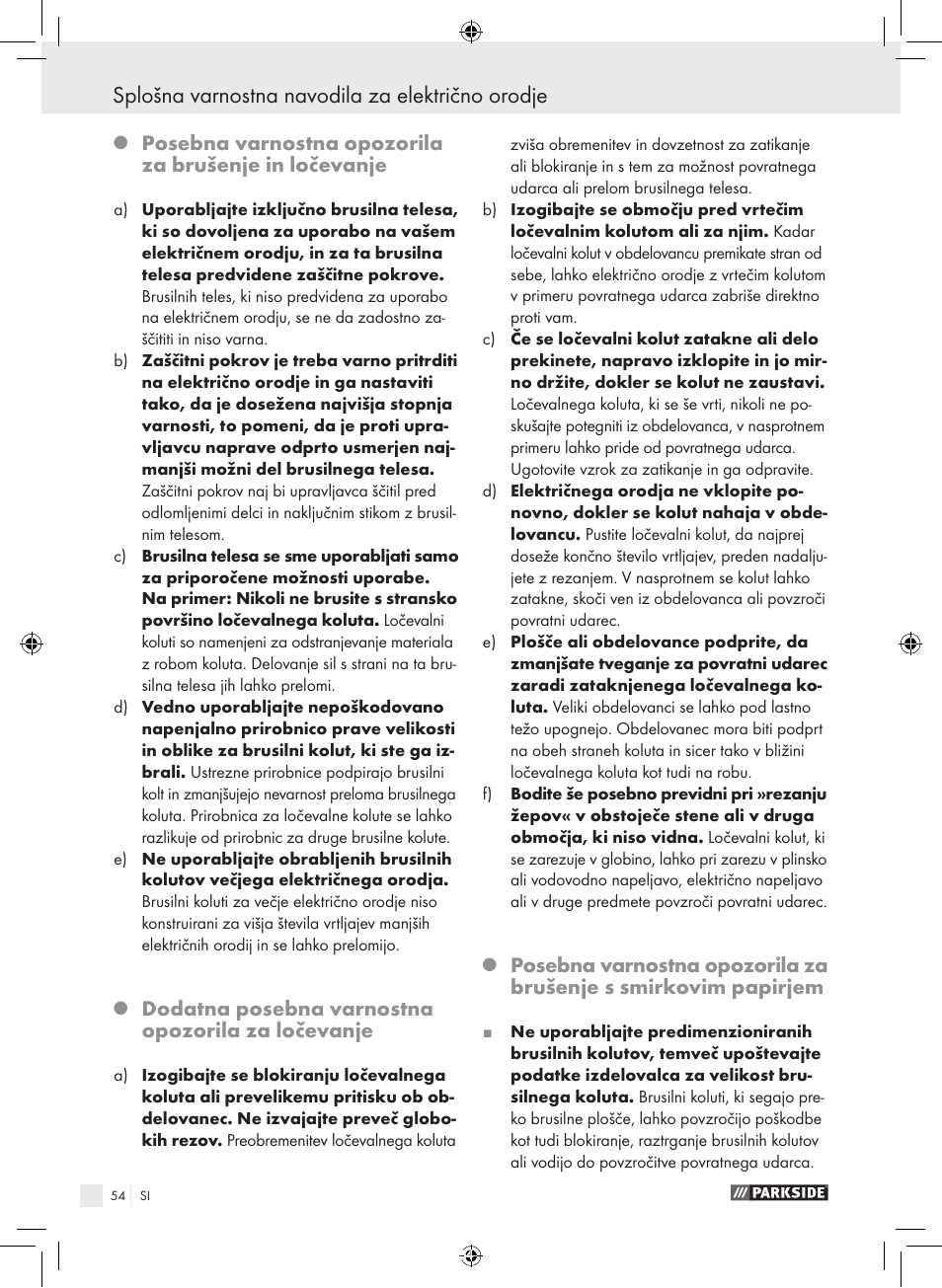 Splošna varnostna navodila za električno orodje, Dodatna posebna varnostna opozorila za ločevanje | Parkside PFBS 9.6 A1 User Manual | Page 54 / 103