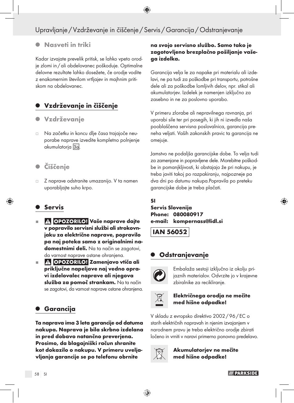 Nasveti in triki, Vzdrževanje in čiščenje, Vzdrževanje | Čiščenje, Servis, Garancija, Odstranjevanje | Parkside PFBS 9.6 A1 User Manual | Page 58 / 103