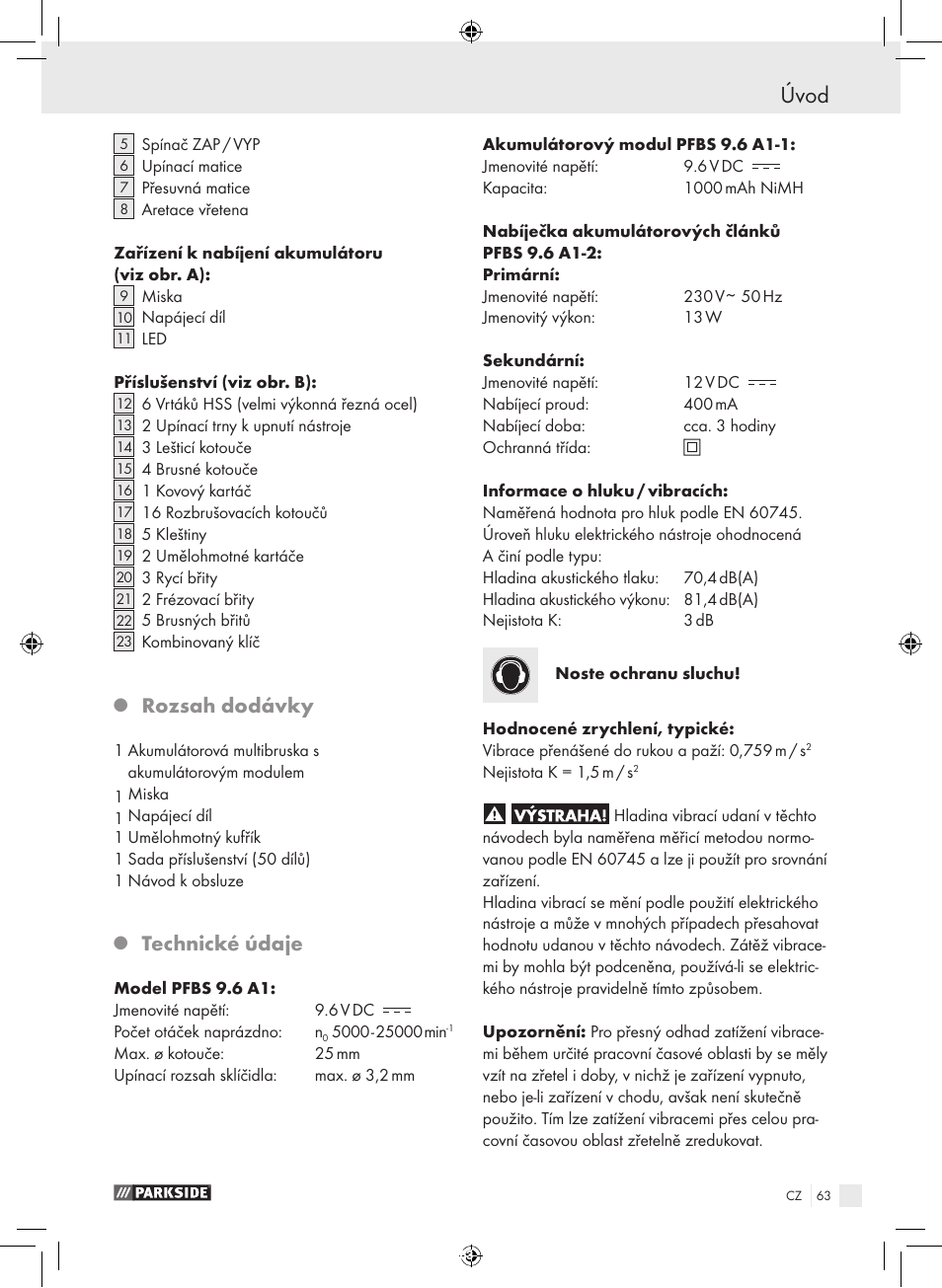 Úvod, Rozsah dodávky, Technické údaje | Parkside PFBS 9.6 A1 User Manual | Page 63 / 103