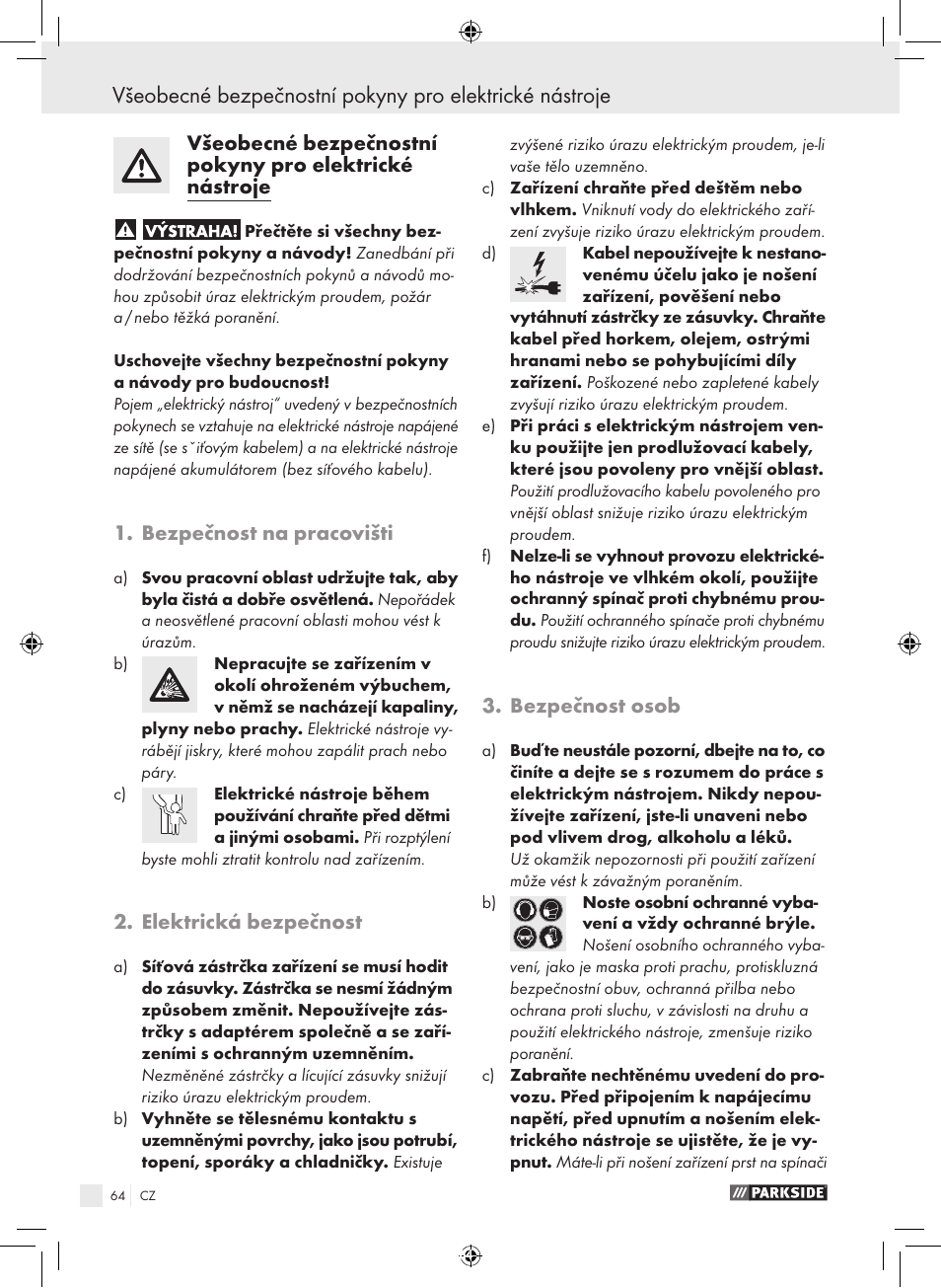 Bezpečnost na pracovišti, Elektrická bezpečnost, Bezpečnost osob | Parkside PFBS 9.6 A1 User Manual | Page 64 / 103