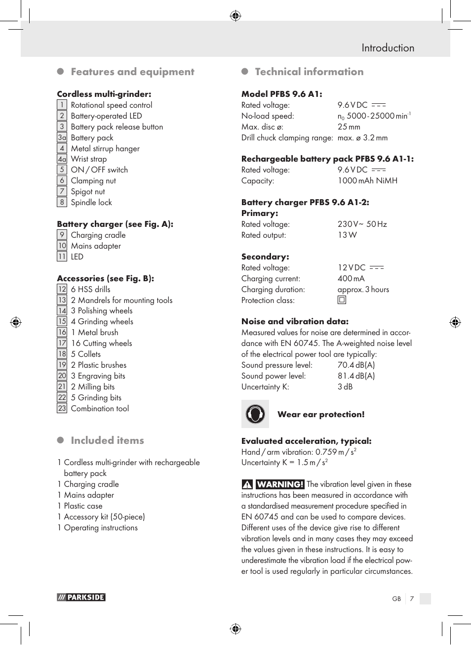 Introduction, Features and equipment, Included items | Technical information | Parkside PFBS 9.6 A1 User Manual | Page 7 / 103