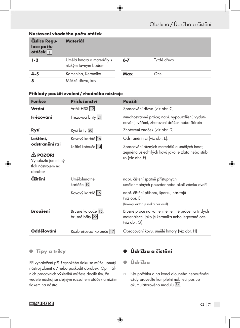 Obsluha / údržba a čistění, Tipy a triky, Údržba a čistění | Údržba | Parkside PFBS 9.6 A1 User Manual | Page 71 / 103