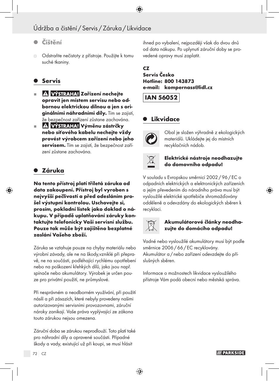 Údržba a čistění / servis / záruka / likvidace, Čištění, Servis | Záruka, Likvidace | Parkside PFBS 9.6 A1 User Manual | Page 72 / 103