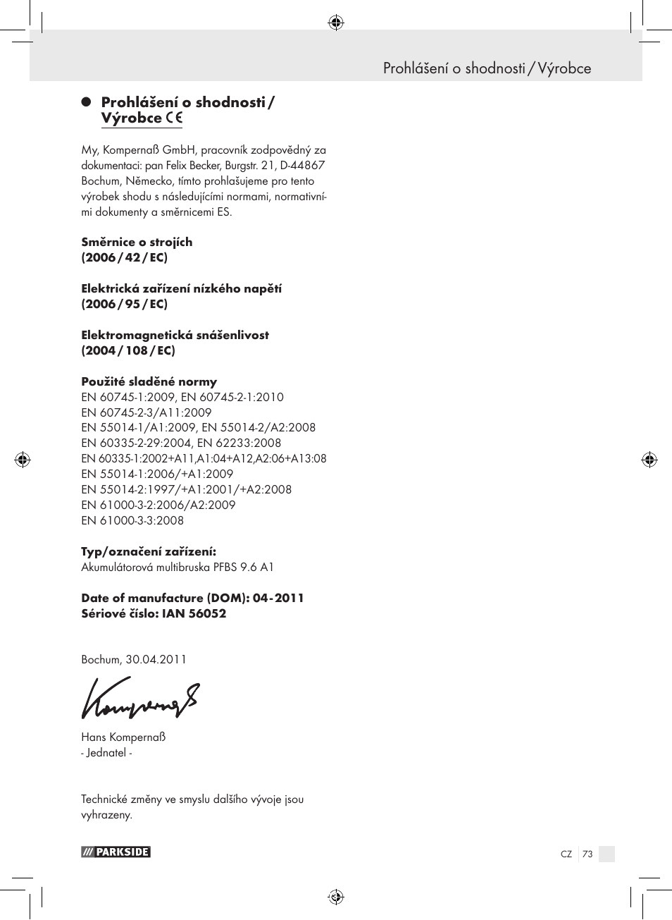 Prohlášení o shodnosti / výrobce | Parkside PFBS 9.6 A1 User Manual | Page 73 / 103