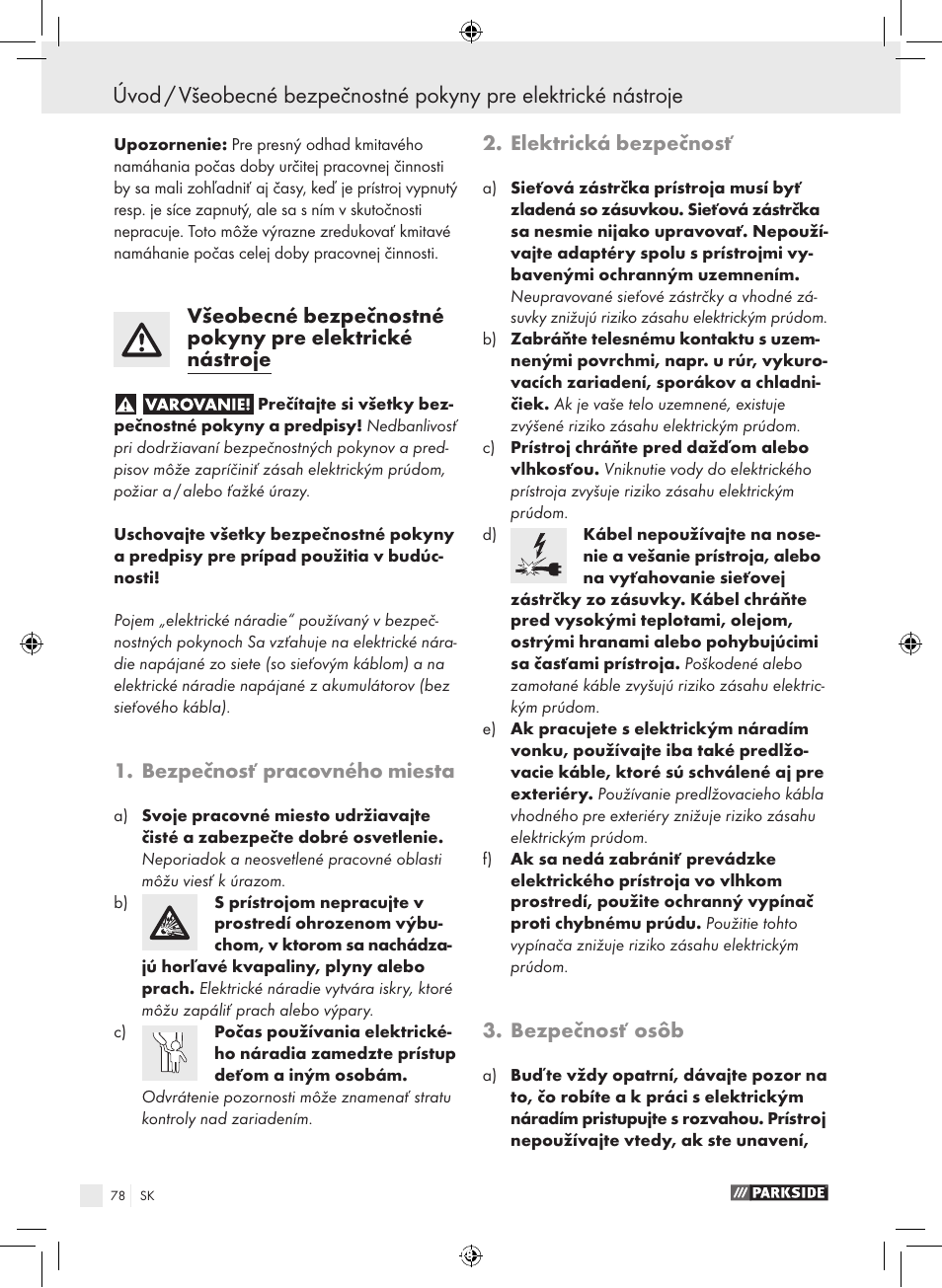 Bezpečnosť pracovného miesta, Elektrická bezpečnosť, Bezpečnosť osôb | Parkside PFBS 9.6 A1 User Manual | Page 78 / 103