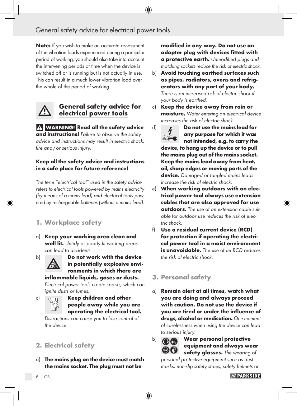 General safety advice for electrical power tools, Workplace safety, Electrical safety | Personal safety | Parkside PFBS 9.6 A1 User Manual | Page 8 / 103