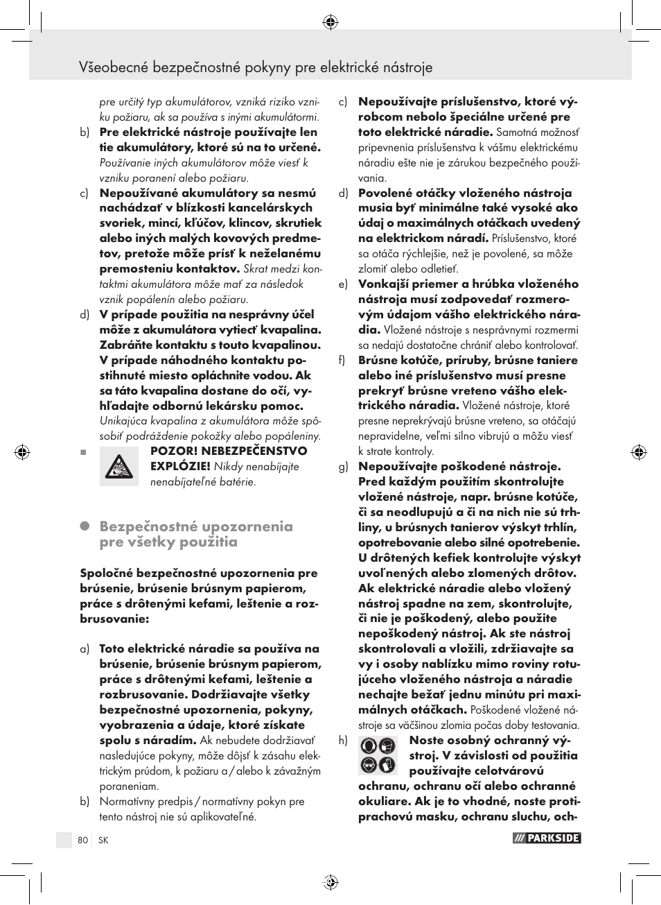 Bezpečnostné upozornenia pre všetky použitia | Parkside PFBS 9.6 A1 User Manual | Page 80 / 103