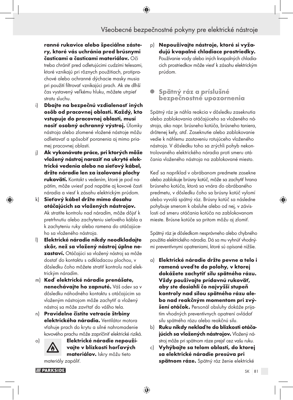 Spätný ráz a príslušné bezpečnostné upozornenia | Parkside PFBS 9.6 A1 User Manual | Page 81 / 103