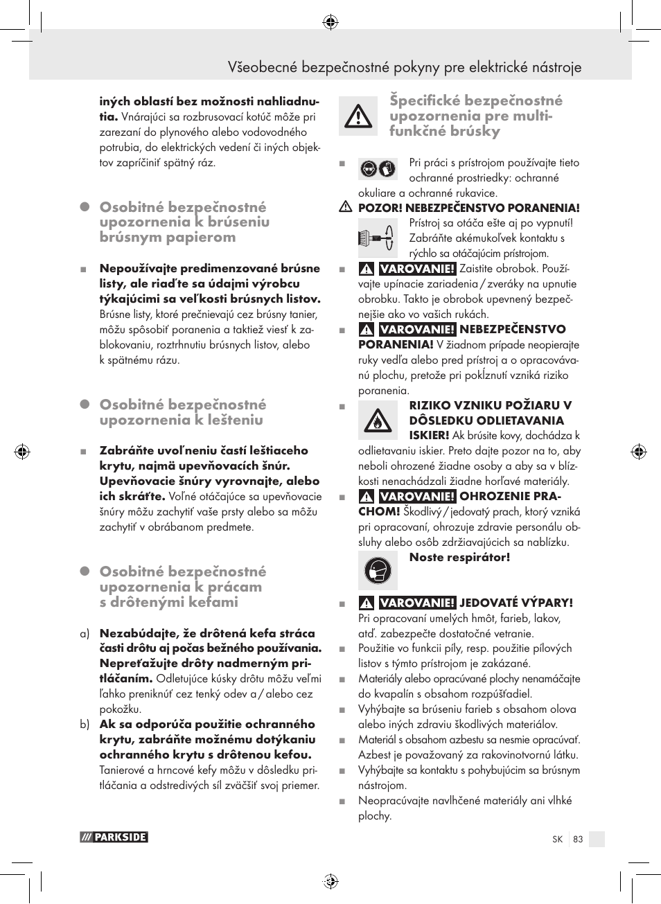 Osobitné bezpečnostné upozornenia k lešteniu | Parkside PFBS 9.6 A1 User Manual | Page 83 / 103