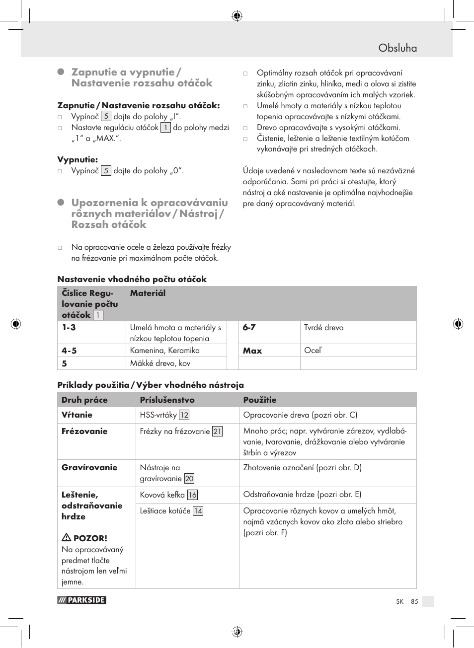 Obsluha, Zapnutie a vypnutie / nastavenie rozsahu otáčok | Parkside PFBS 9.6 A1 User Manual | Page 85 / 103