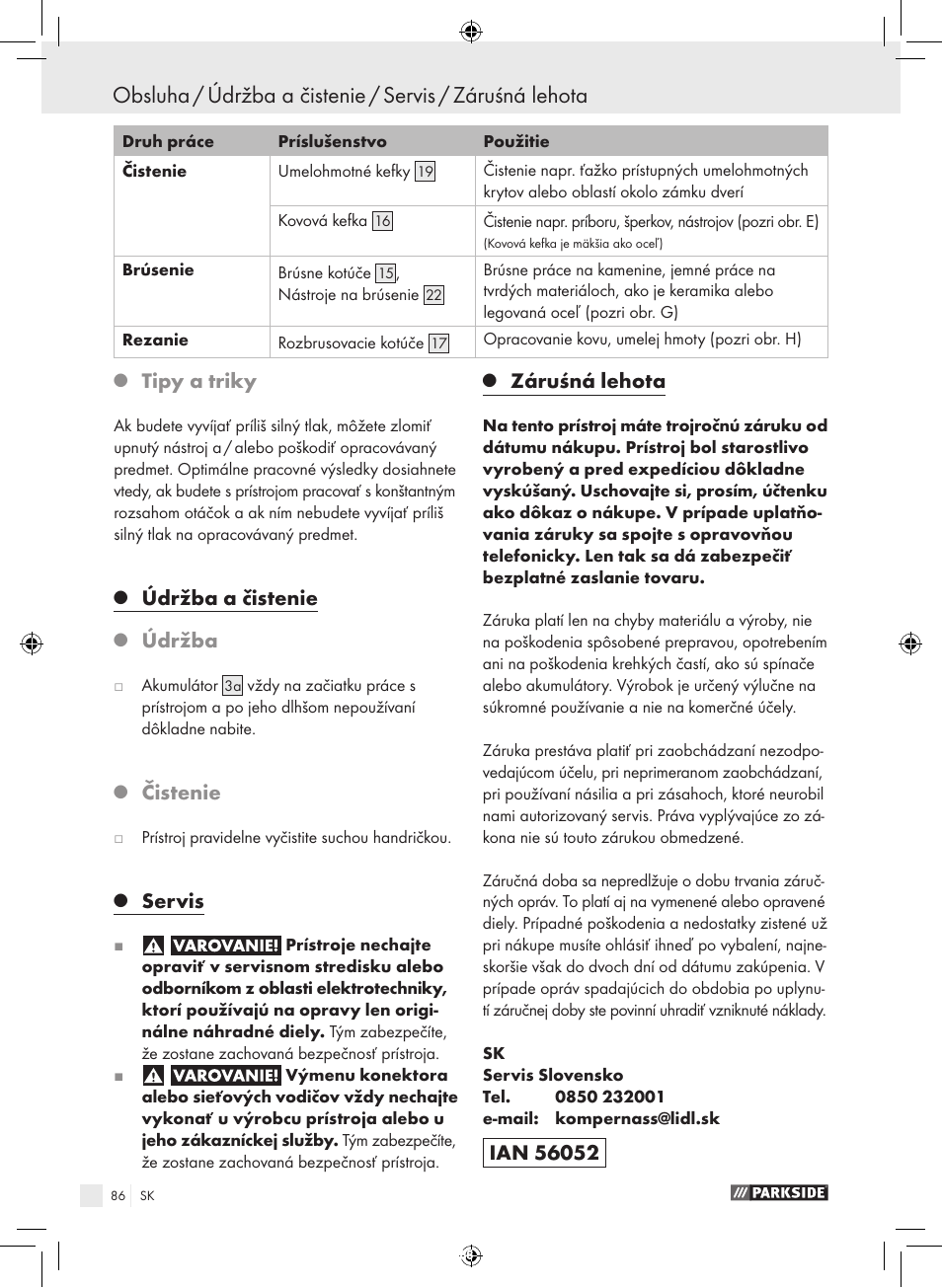 Tipy a triky, Údržba a čistenie, Údržba | Čistenie, Servis, Záruśná lehota | Parkside PFBS 9.6 A1 User Manual | Page 86 / 103