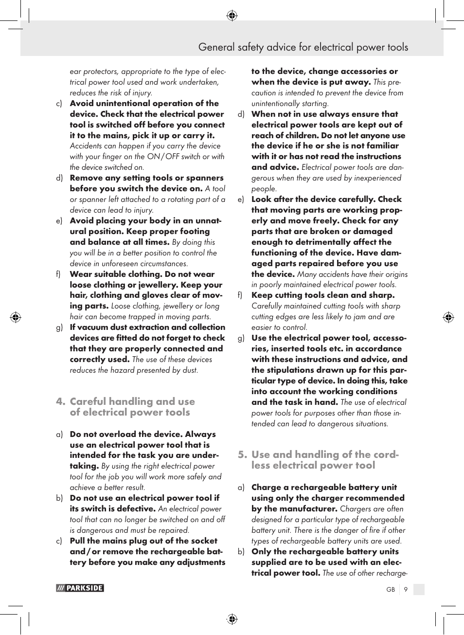 General safety advice for electrical power tools, Careful handling and use of electrical power tools | Parkside PFBS 9.6 A1 User Manual | Page 9 / 103