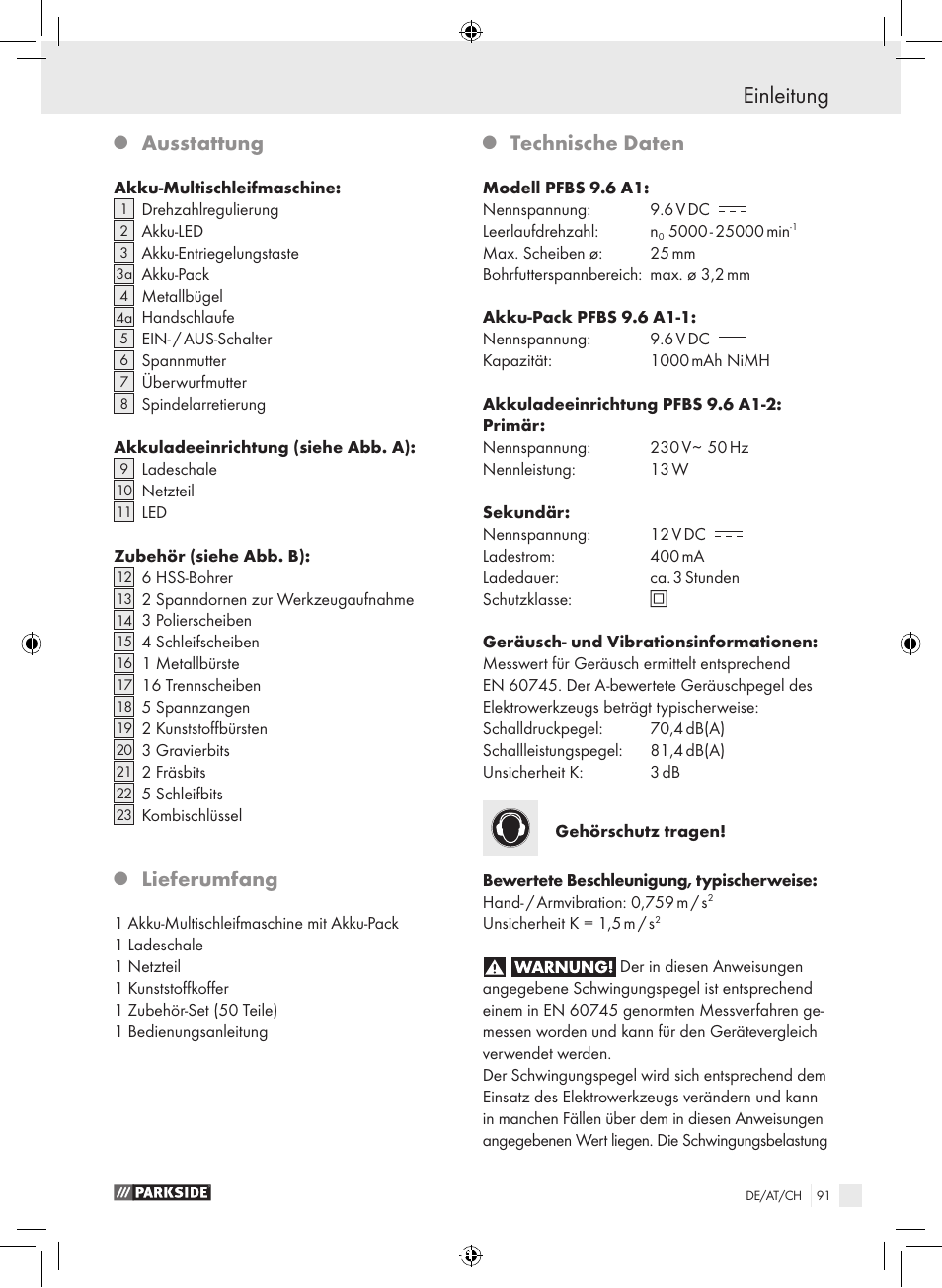 Einleitung, Ausstattung, Lieferumfang | Technische daten | Parkside PFBS 9.6 A1 User Manual | Page 91 / 103