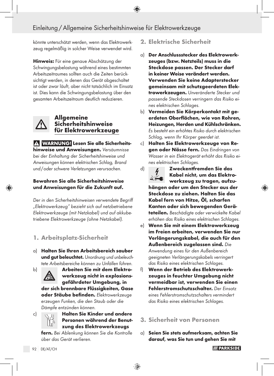 Arbeitsplatz-sicherheit, Elektrische sicherheit, Sicherheit von personen | Parkside PFBS 9.6 A1 User Manual | Page 92 / 103