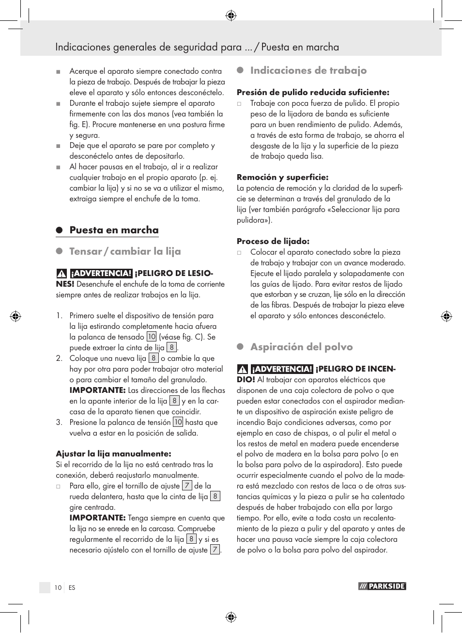 Puesta en marcha, Tensar / cambiar la lija, Indicaciones de trabajo | Aspiración del polvo | Parkside PBS 600 A1 User Manual | Page 10 / 55