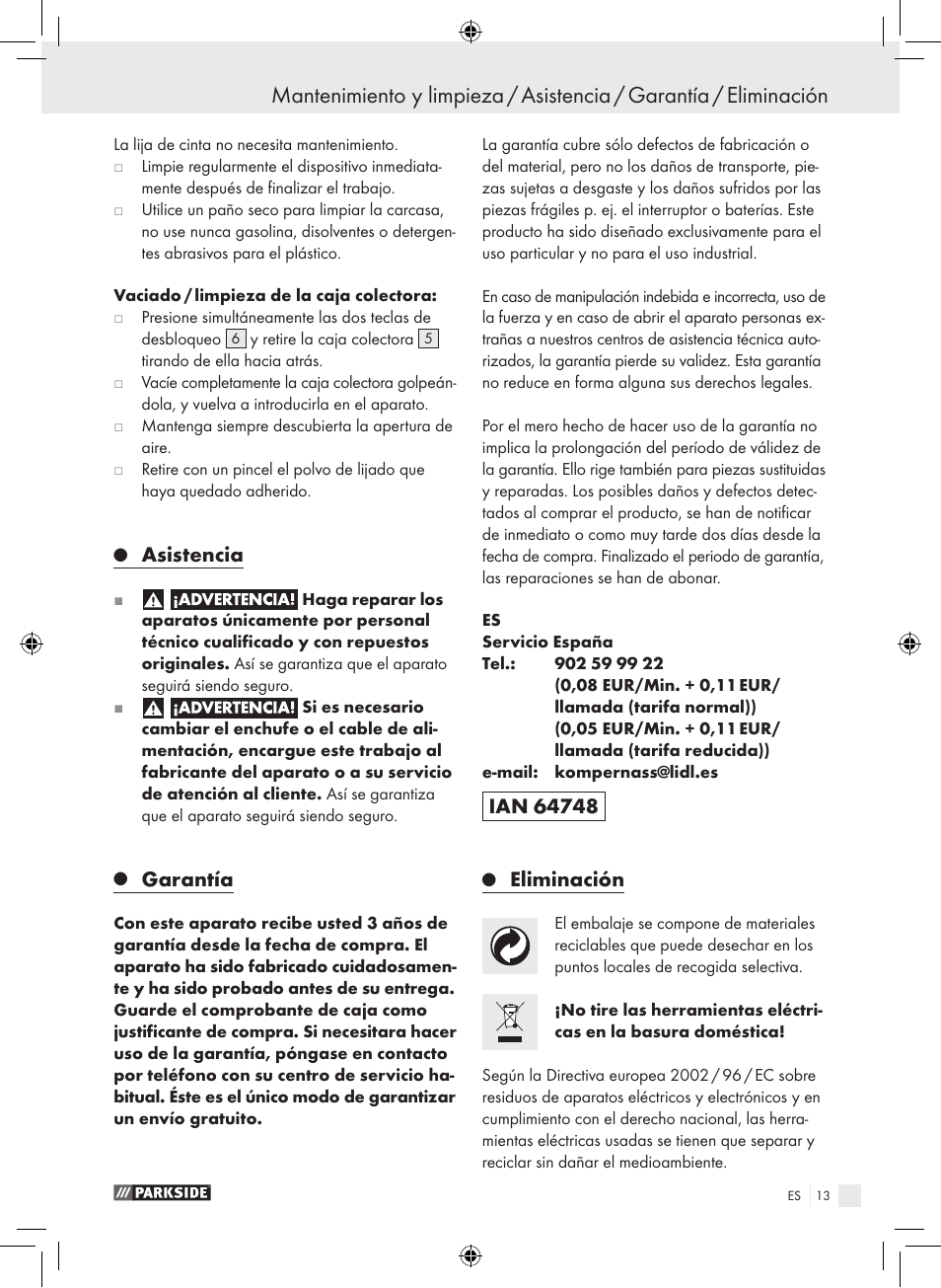 Asistencia, Garantía, Eliminación | Parkside PBS 600 A1 User Manual | Page 13 / 55