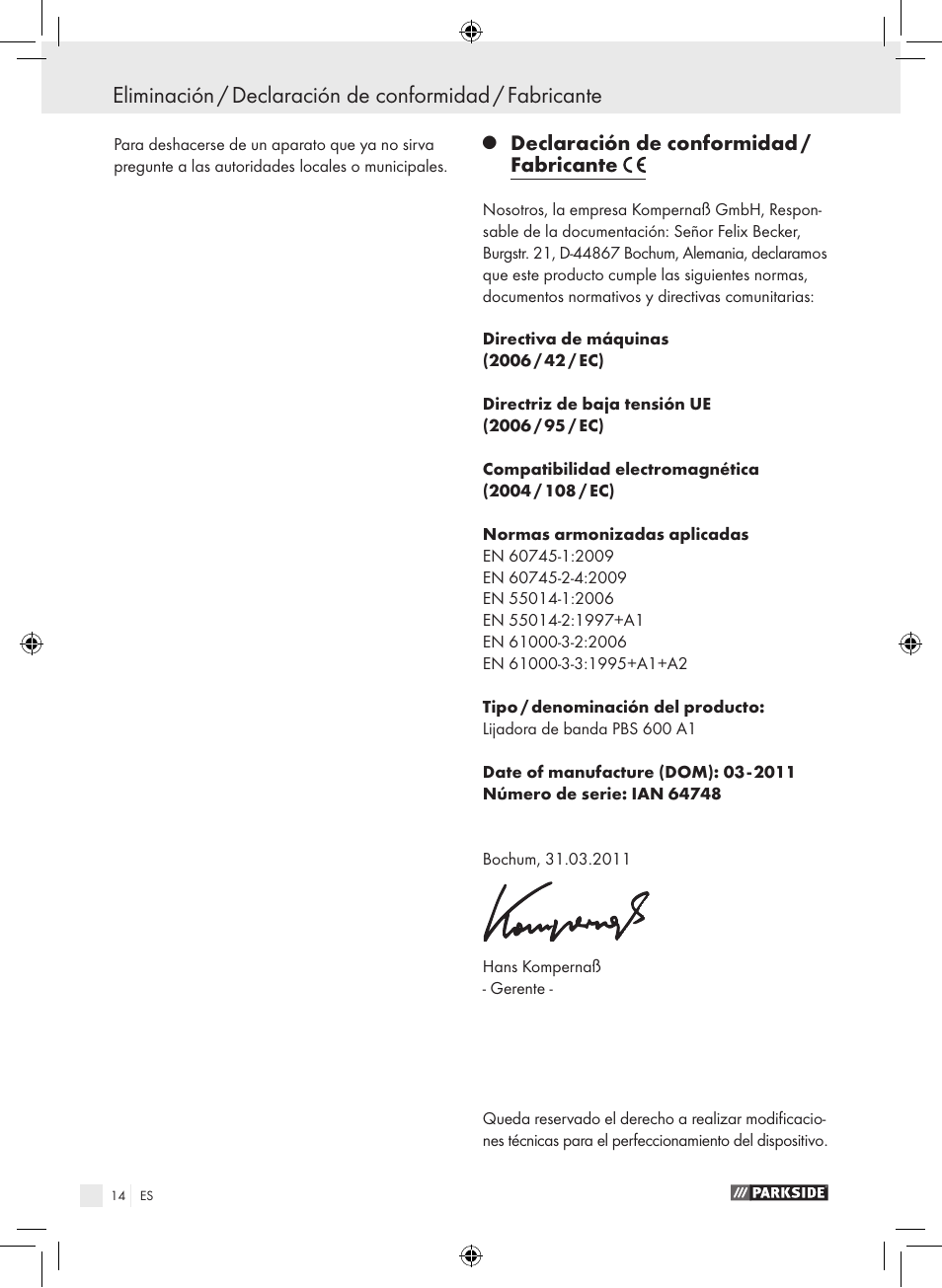 Declaración de conformidad / fabricante | Parkside PBS 600 A1 User Manual | Page 14 / 55