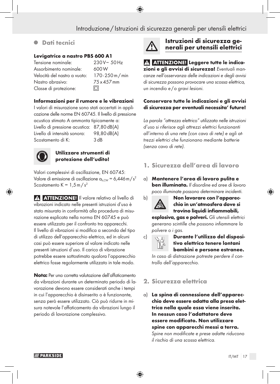 Dati tecnici, Sicurezza dell’area di lavoro, Sicurezza elettrica | Parkside PBS 600 A1 User Manual | Page 17 / 55